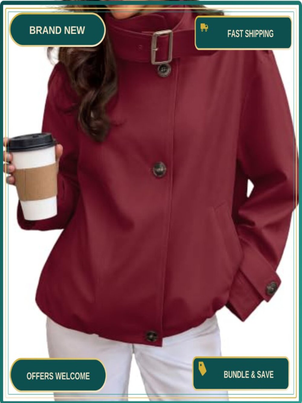 Women's Funnel Neck Cropped Trench Coat Button Pockets Fall